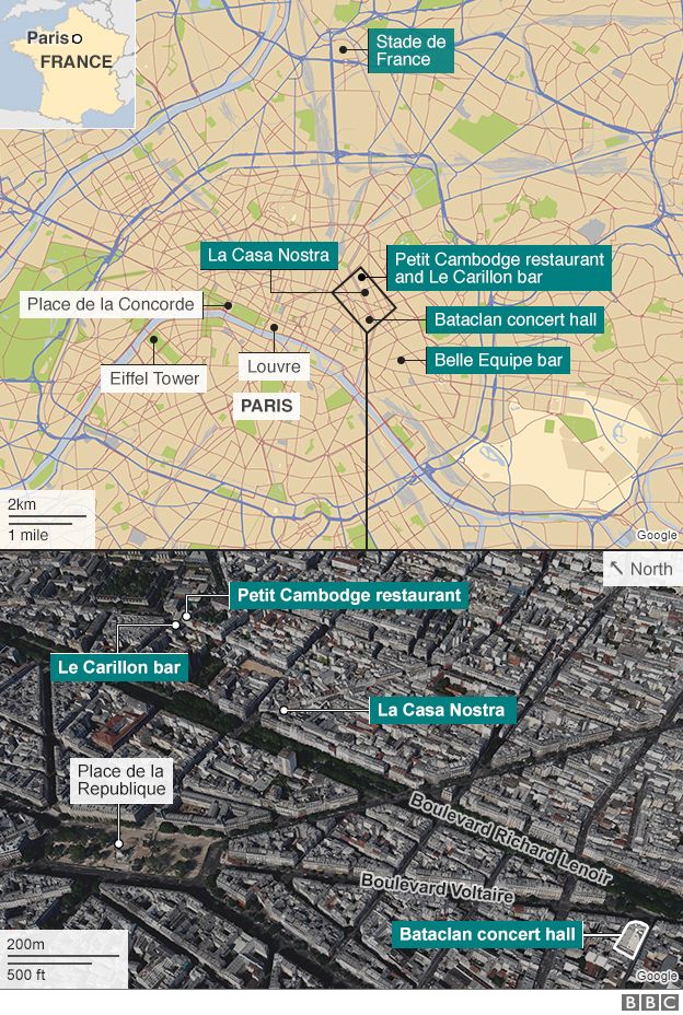 The Paris attacks appear to have been well-coordinated, with clearly delineated targets selected Source: BBC